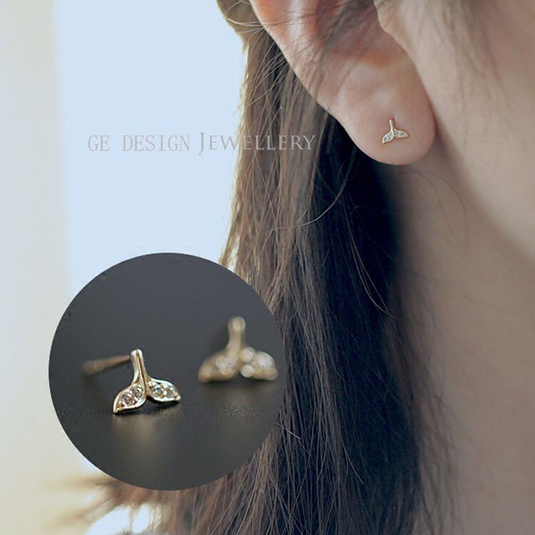 1 Pair | Tiny Gold Whale Tail Studs, Gold Plated 925 Silver Fish-Tail Earrings, Dainty CZ Mermaid-Fish-tail Earrings, Minimalist Studs, E11