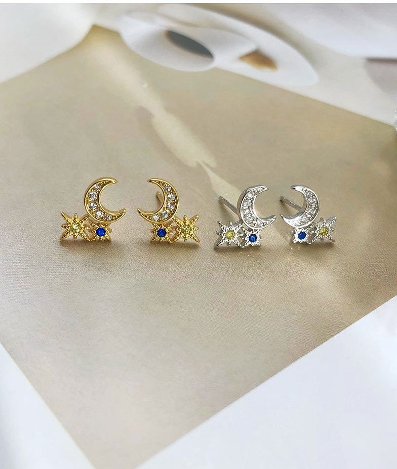 925 Silver Dainty Star & Crescent Moon CZ Earrings, Blue Sapphire CZ Celestial Earrings, Gold Starburst Earring, Silver or Gold, E10