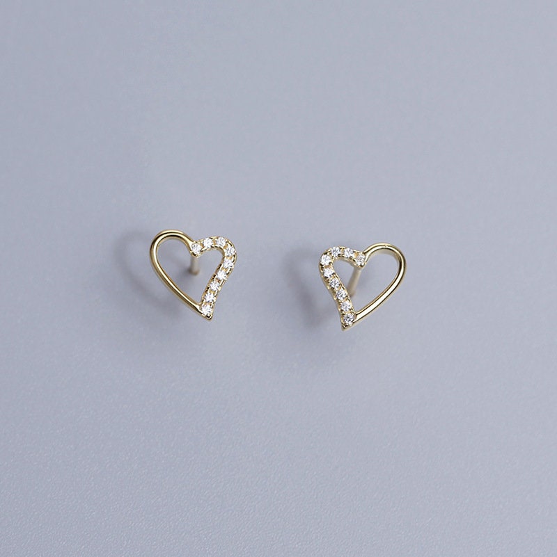 14k Gold Plated Sterling Silver Dainty CZ Heart Earrings, Skinny Gold Heart Earrings, Minimalist Heart Studs, Gifts for Her, E111