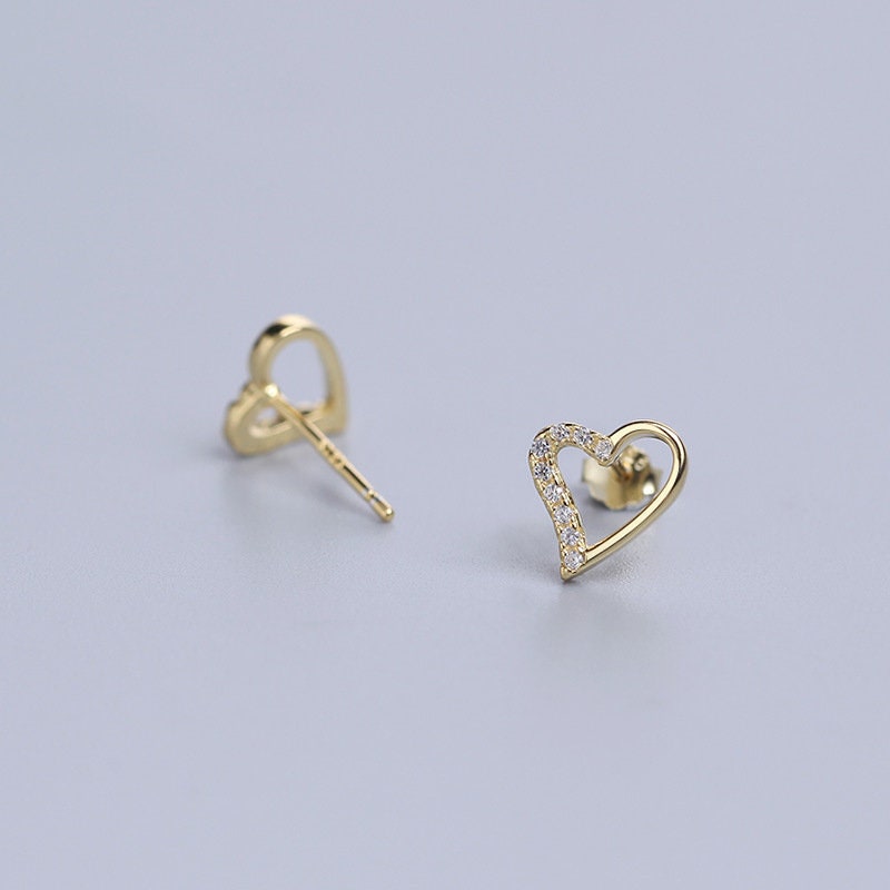 14k Gold Plated Sterling Silver Dainty CZ Heart Earrings, Skinny Gold Heart Earrings, Minimalist Heart Studs, Gifts for Her, E111