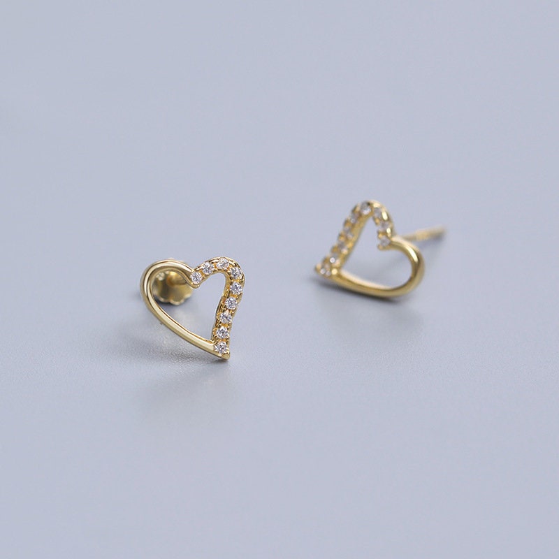 14k Gold Plated Sterling Silver Dainty CZ Heart Earrings, Skinny Gold Heart Earrings, Minimalist Heart Studs, Gifts for Her, E111