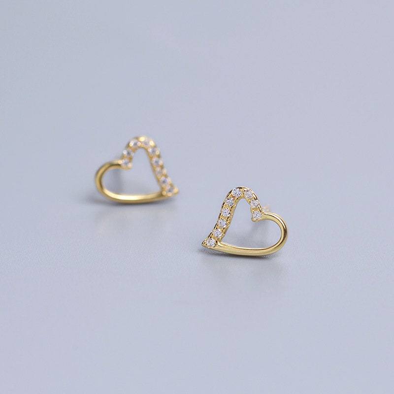 14k Gold Plated Sterling Silver Dainty CZ Heart Earrings, Skinny Gold Heart Earrings, Minimalist Heart Studs, Gifts for Her, E111