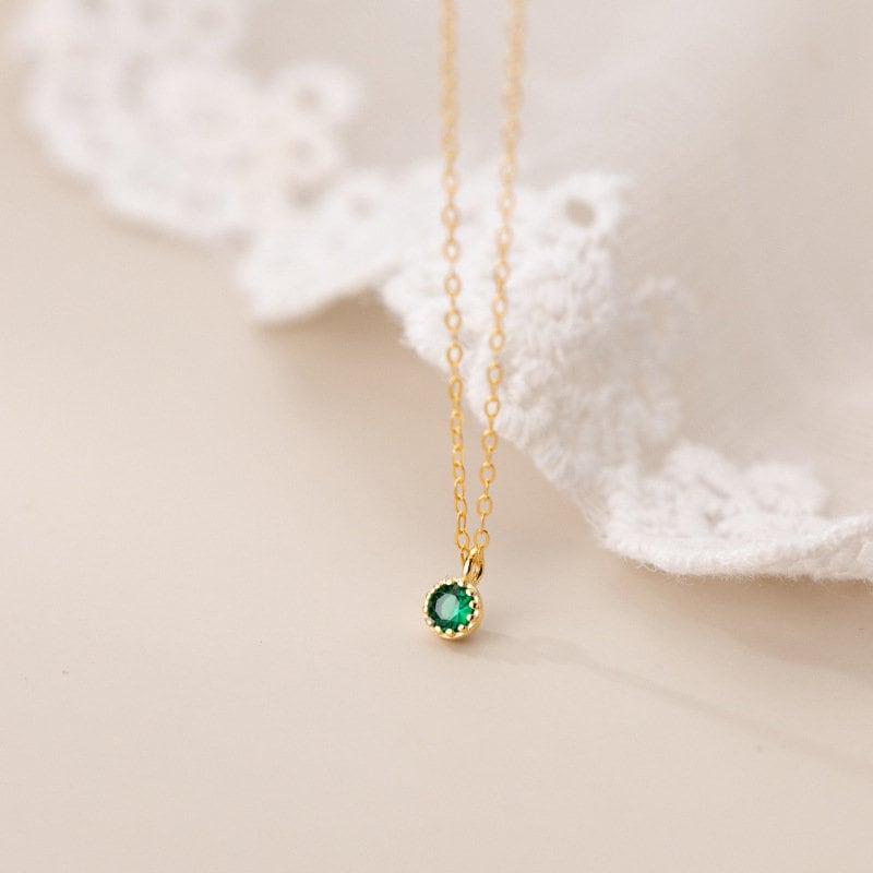 Round Cut Emerald CZ Necklace, 3mm Emerald Green CZ Necklace, 14k Gold Plated 925 Silver Emerald Necklace, Gifts for Her