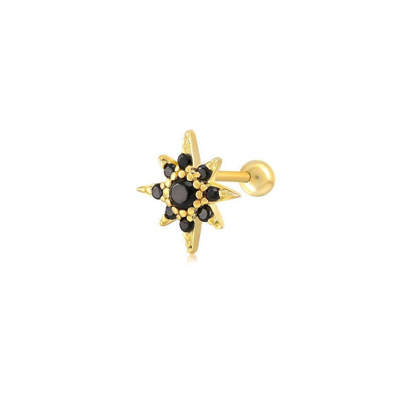 18G Starburst Screw Back Earring, 18k Gold on Silver North Star Studs, Cartilage Conch or Tragus Earrings, Black Star Studs, Gifts for Her