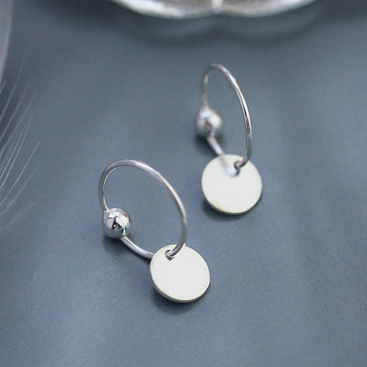 Sterling Silver Disc Hoop Drop Earrings, Coin Hoop Earrings, Dainty Huggie Hoops, Minimalist Disc Drop Earrings, Charm Earrings, E24