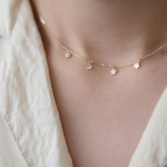 14k Gold Plated 925 Silver Stars Choker Necklace, Dainty Stars Charm Skinny Necklace, Tassel Clavicle Choker Chain, Gifts for Her, N07