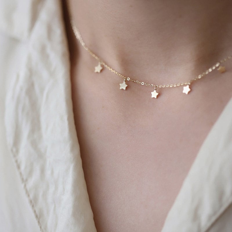 14k Gold Plated 925 Silver Stars Choker Necklace, Dainty Stars Charm Skinny Necklace, Tassel Clavicle Choker Chain, Gifts for Her, N07