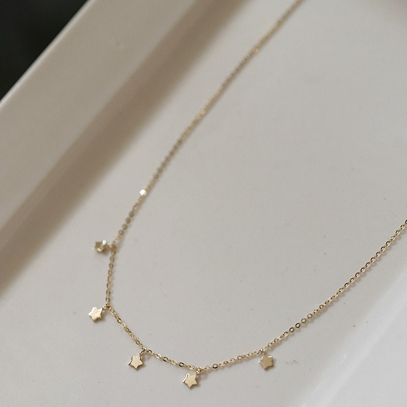 14k Gold Plated 925 Silver Stars Choker Necklace, Dainty Stars Charm Skinny Necklace, Tassel Clavicle Choker Chain, Gifts for Her, N07