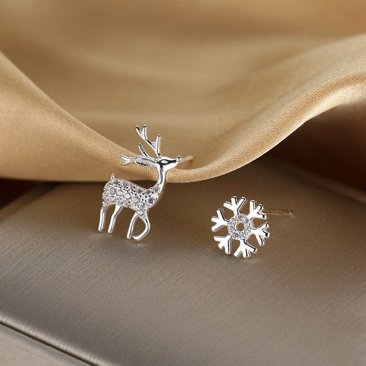 Sterling Silver Deer & Snow Earrings, Rose Gold Deer/Snow Earrings, Mismatched Earrings, Lovely Animal Studs, Christmas Earrings/GIft, E29