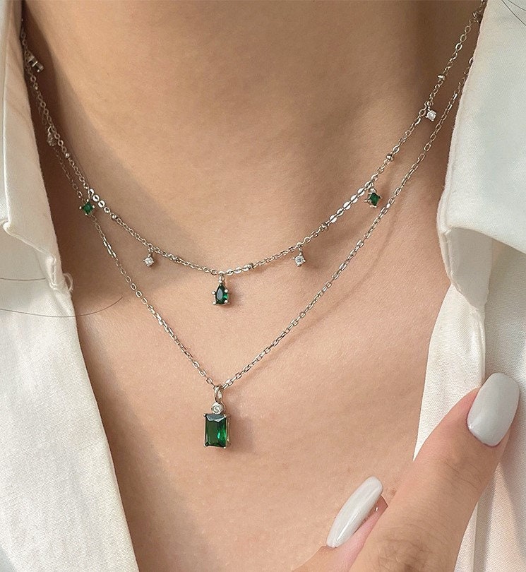 925 Silver Baguette Emerald CZ Necklace, 14k Gold Plated Sterling Silver Rectangle Emerald Necklace, Two Color Available, Gifts for Her, N13