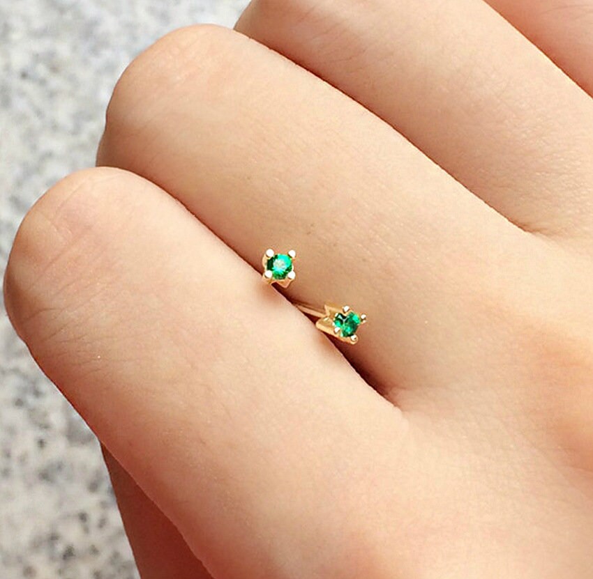 1 Pair | 14k Gold Plated 925 Silver Tiny Emerald CZ Stud Earrings, Gold Emerald Crystal Earrings, Tiny Studs, Tragus/Cartilage Earrings, E40