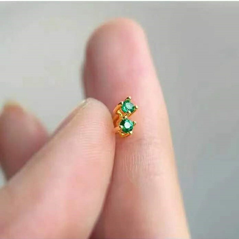 1 Pair | 14k Gold Plated 925 Silver Tiny Emerald CZ Stud Earrings, Gold Emerald Crystal Earrings, Tiny Studs, Tragus/Cartilage Earrings, E40