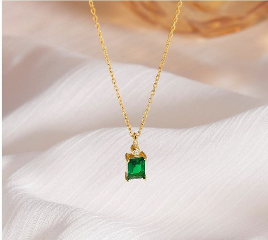 925 Silver Baguette Emerald CZ Necklace, 14k Gold Plated Sterling Silver Rectangle Emerald Necklace, Two Color Available, Gifts for Her, N13