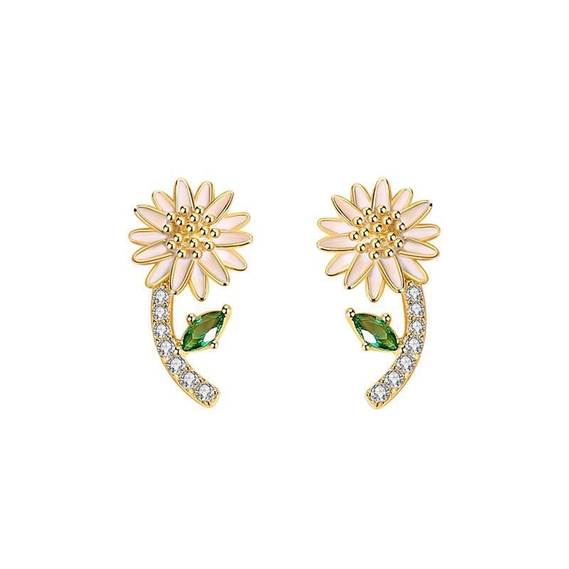 14k Gold Plated 925 Silver Delicate Daisy Earrings, Dainty Daisy & Green Leaves Earrings, Gold Flower Earring, Plant Studs, Gift for her E48