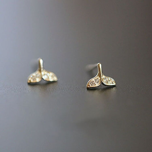 1 Pair | Tiny Gold Whale Tail Studs, Gold Plated 925 Silver Fish-Tail Earrings, Dainty CZ Mermaid-Fish-tail Earrings, Minimalist Studs, E11