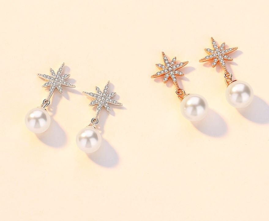 Sterling Silver Starburst with Pearl Drop & Dangle Earrings, North Star Pearl Drop Earrings, Pearl Dangle earrings,Gift for Her,  E49