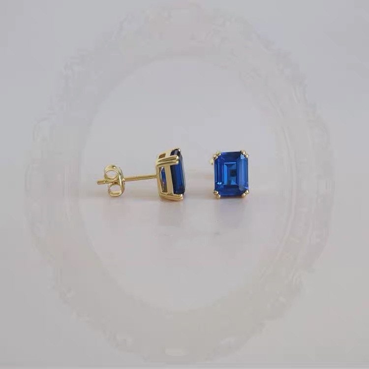 1 Pair Gold Plated 925 Silver Rectangle Sapphire CZ Stud Earrings, Dainty Classic Blue Crystal CZ Earrings, Gifts for Her, E54