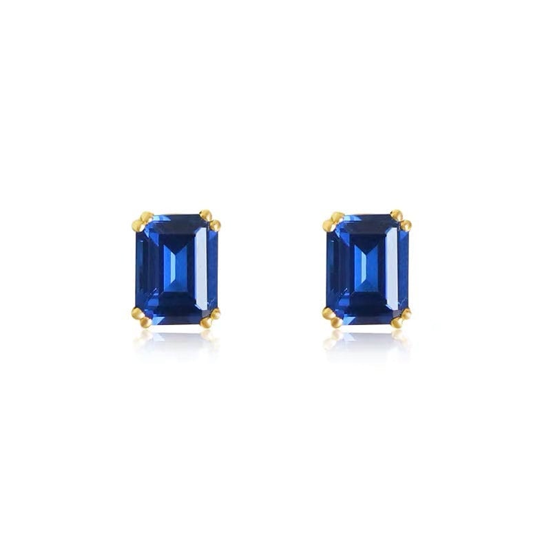 1 Pair Gold Plated 925 Silver Rectangle Sapphire CZ Stud Earrings, Dainty Classic Blue Crystal CZ Earrings, Gifts for Her, E54