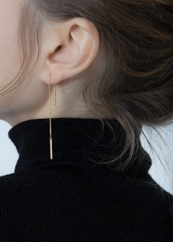 1 Pair | 14k Gold Plated 925 Silver Threader Drop/Dangle Earrings, Gold Tassel Earrings, Rectangle Drop Threader Earrings, Long Earring, E56