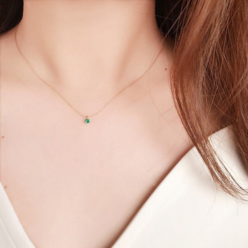 Gold Plated 925 Silver Tiny Emerald Green CZ Necklace, Emerald CZ Choker, Emerald Tiny cz Skinny Necklace, 6 Paws Holder CZ Necklace, N16