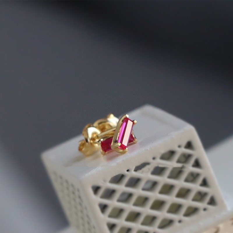 14k Gold Plated Sterling Silver Rectangle Ruby CZ Earrings, Minimalist Simulated Ruby Studs, Geometry Studs, Pink Earring, Helix Studs, E58