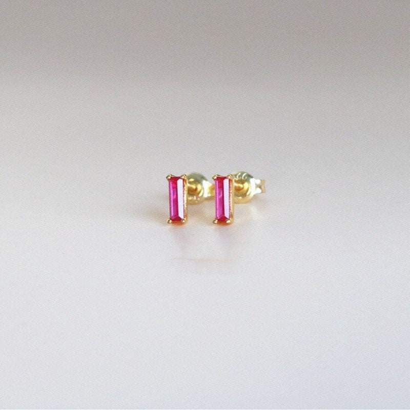 14k Gold Plated Sterling Silver Rectangle Ruby CZ Earrings, Minimalist Simulated Ruby Studs, Geometry Studs, Pink Earring, Helix Studs, E58