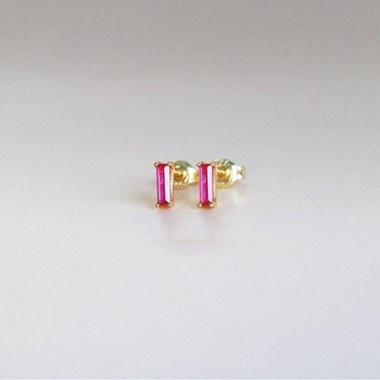 14k Gold Plated Sterling Silver Rectangle Ruby CZ Earrings, Minimalist Simulated Ruby Studs, Geometry Studs, Pink Earring, Helix Studs, E58