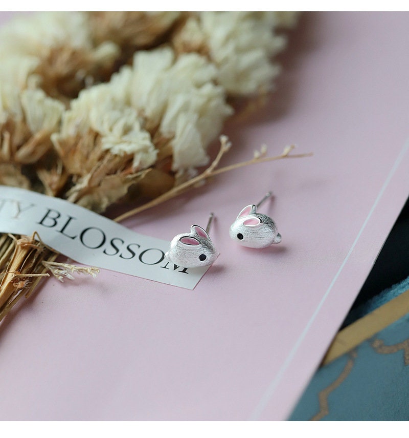 1 Pair | Sterling Silver Cute Bunny Stud Earrings, Sweet Little Bunny Earring, Silver Rabbit Stud Earrings, Small Lovely Animal Studs, E59