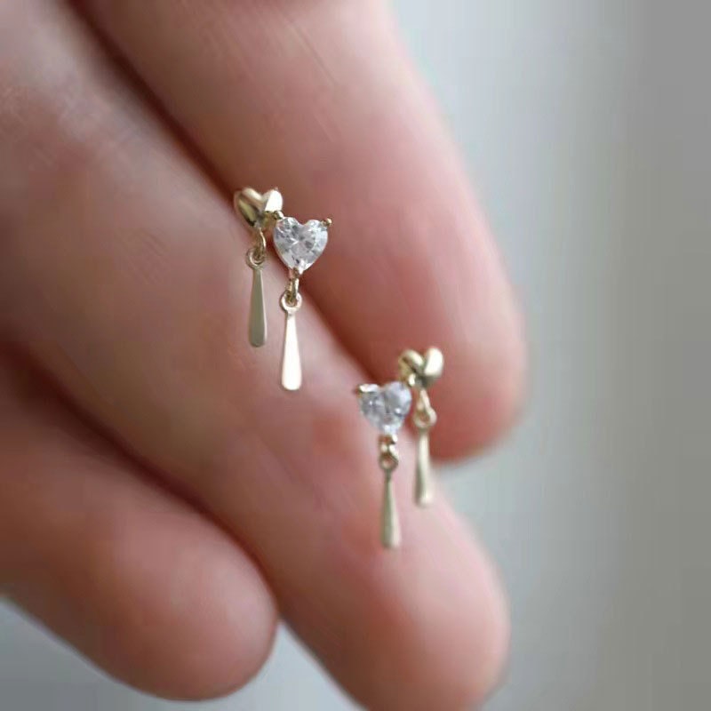 Gold Plated 925 Silver Dainty Heart Drop/Dangle Earrings, Sparkly CZ Heart Earrings, Lovely and Pretty Heart Design, Two Color Available E63