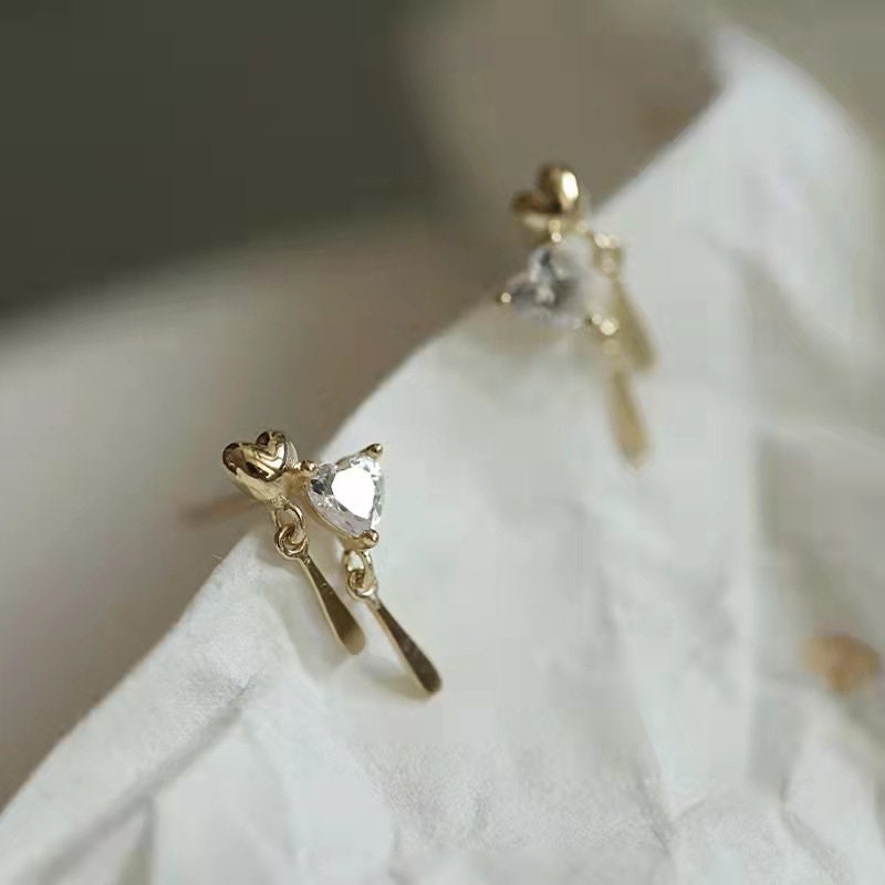 Gold Plated 925 Silver Dainty Heart Drop/Dangle Earrings, Sparkly CZ Heart Earrings, Lovely and Pretty Heart Design, Two Color Available E63