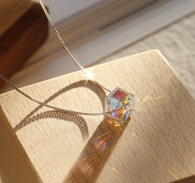 Sterling Silver Austrian Crystal Necklace, Sparkly Colorful Crystal Necklace, Crystal Cubic Necklace, Gifts for Her, Gift for Mom, N03