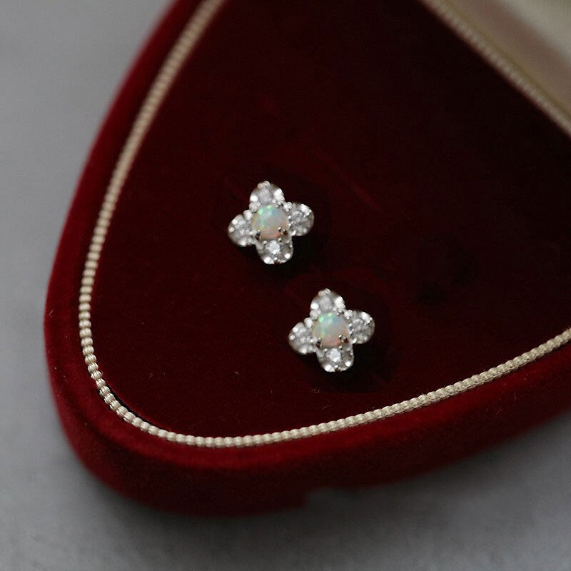 Sterling Silver Opal Flower Sparkly Stud Earrings, Dainty Simulated Opal Studs, Pretty Flower Design, Two Color Available, Christmas Gift