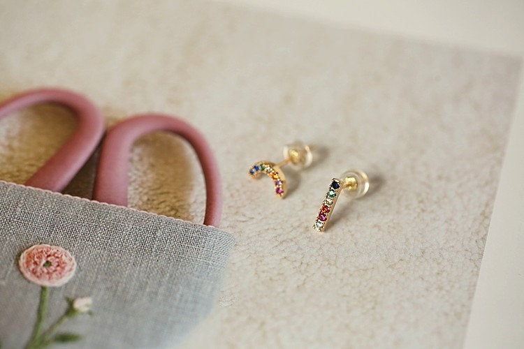 1 Pair | Gold Plated 925 Silver Mismatched Rainbow Stud Earrings, Pretty Colorful Rainbow Earrings, Colorful Stone Sparkly Studs, Gifts