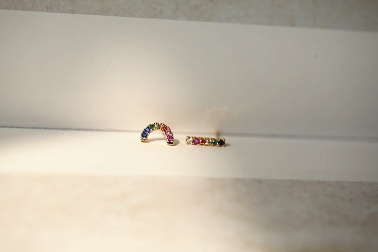 1 Pair | Gold Plated 925 Silver Mismatched Rainbow Stud Earrings, Pretty Colorful Rainbow Earrings, Colorful Stone Sparkly Studs, Gifts