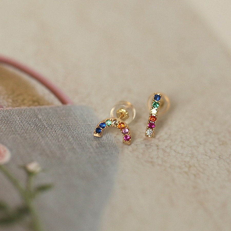 1 Pair | Gold Plated 925 Silver Mismatched Rainbow Stud Earrings, Pretty Colorful Rainbow Earrings, Colorful Stone Sparkly Studs, Gifts