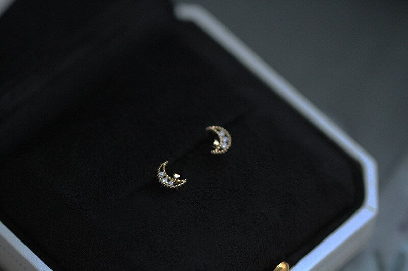 14k Gold Plated Sterling Silver Crescent Moon CZ Stud Earrings, Crescent Moon Features Tiny Heart Studs, Minimalist Moon Studs, Gifts, E78