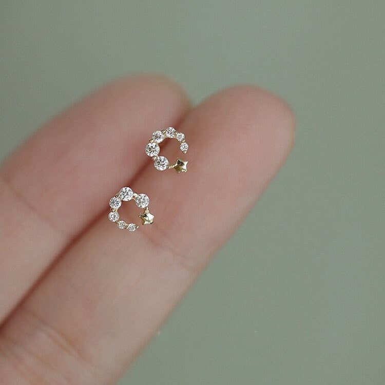 14k Gold Plated 925 Silver Sparkly Circle Tiny Star Earrings, Circle CZ Star Stud Earrings, Minimalist Circle Studs, Small Studs, Gift, E80