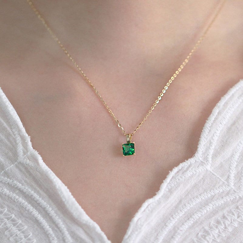 Plated Sterling Silver Square Emerald CZ Necklace, Dainty Gold Emerald Choker Necklace, Classic and Pretty Emerald Design, Gifts for Her N15