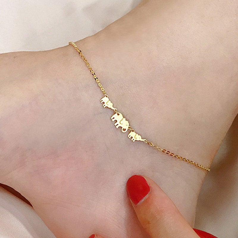 14k Gold Plated Sterling Silver Lucky Elephant Anklets, Minimalist and Pretty Elephant Anklet, Dainty Adjustable Gold Ankle Bracelet, A02