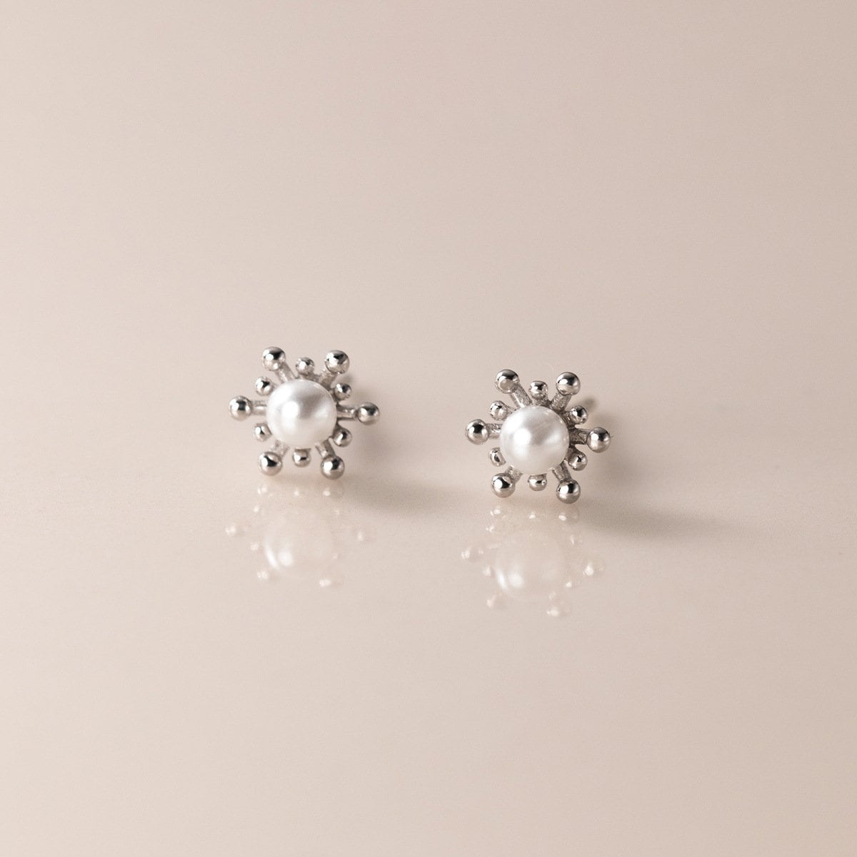 Sterling Silver Sunflower with Simulated Pearl Stud Earrings, Pearl Centered in Flower Studs, Lovely Flower Earring, Two Color Available E57