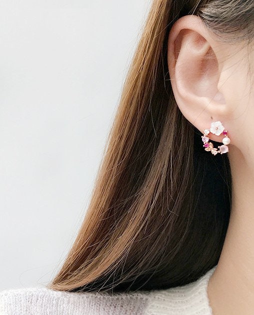 Dainty Cherry Blossom Wreath Earrings, Rose Gold Flower Studs, Colorful Circle Flower Stud Earrings, Christmas Earrings, Gift for her, E88