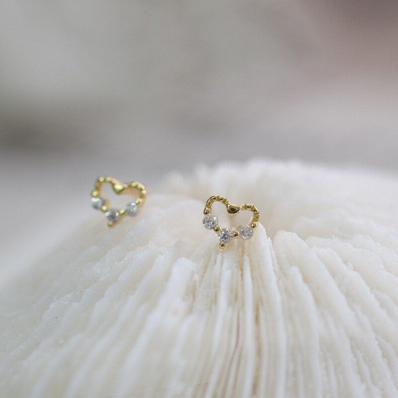 1 Pair| 14k Gold Plated Sterling Silver Hollow-out Heart CZ Stud Earrings, Dainty Small Heart Earrings, Pretty and Lovely Design, Gifts, E93