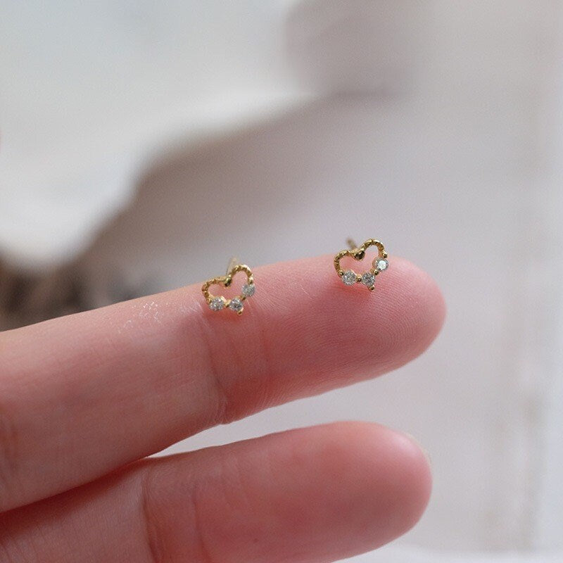 1 Pair| 14k Gold Plated Sterling Silver Hollow-out Heart CZ Stud Earrings, Dainty Small Heart Earrings, Pretty and Lovely Design, Gifts, E93