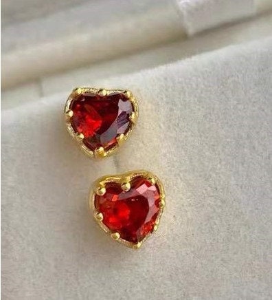 14k Gold Plated 925 Silver Heart Ruby CZ Stud Earrings, Dainty Simulated Ruby Earrings, Pretty Heart Design, Wedding Gift, Gift for Her, E94