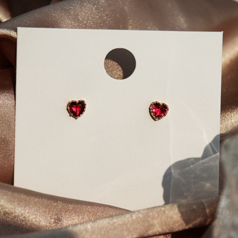 14k Gold Plated 925 Silver Heart Ruby CZ Stud Earrings, Dainty Simulated Ruby Earrings, Pretty Heart Design, Wedding Gift, Gift for Her, E94