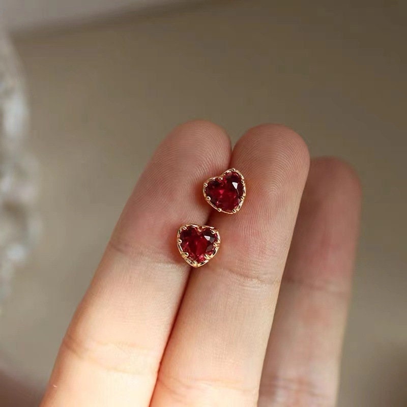 14k Gold Plated 925 Silver Heart Ruby CZ Stud Earrings, Dainty Simulated Ruby Earrings, Pretty Heart Design, Wedding Gift, Gift for Her, E94