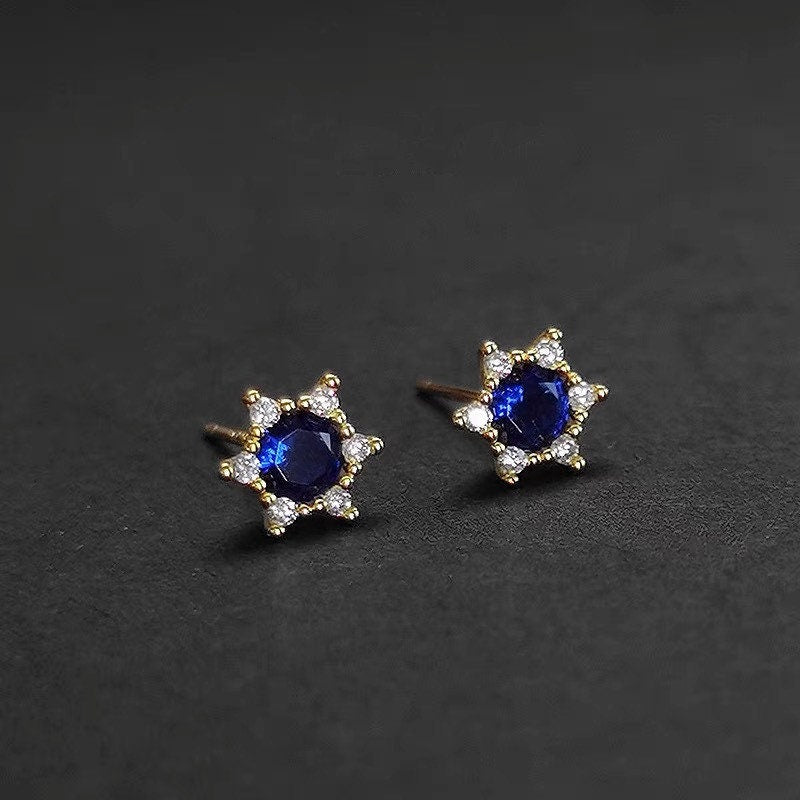 14k Gold Plated 925 Silver Blue Sapphire CZ North Star Stud Earrings, Simulated Sapphire Star Studs, Blue CZ Star Earrings, Gift for Her E95