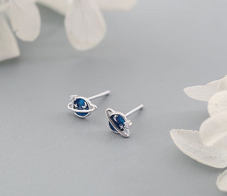 Sterling Silver Blue Planet Stud Earrings, Lovely Star & Crescent Moon Earrings, Silver Saturn Stud Earrings, Sold by Pair, Gift for Her E28