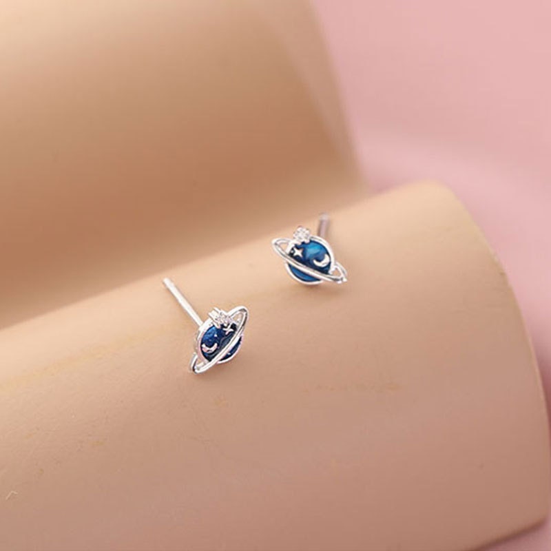 Sterling Silver Blue Planet Stud Earrings, Lovely Star & Crescent Moon Earrings, Silver Saturn Stud Earrings, Sold by Pair, Gift for Her E28