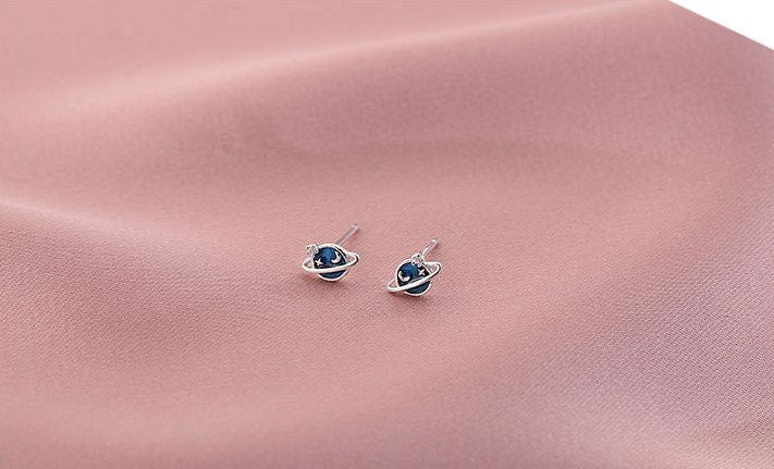 Sterling Silver Blue Planet Stud Earrings, Lovely Star & Crescent Moon Earrings, Silver Saturn Stud Earrings, Sold by Pair, Gift for Her E28